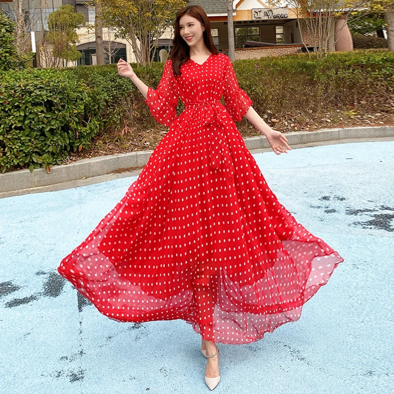 

2020 New Arrival Women Summer Bell Sleeve polka dot Fashionable Maxi Casual Dress Holiday Hawaii Beach Plus Size Maxi Dress