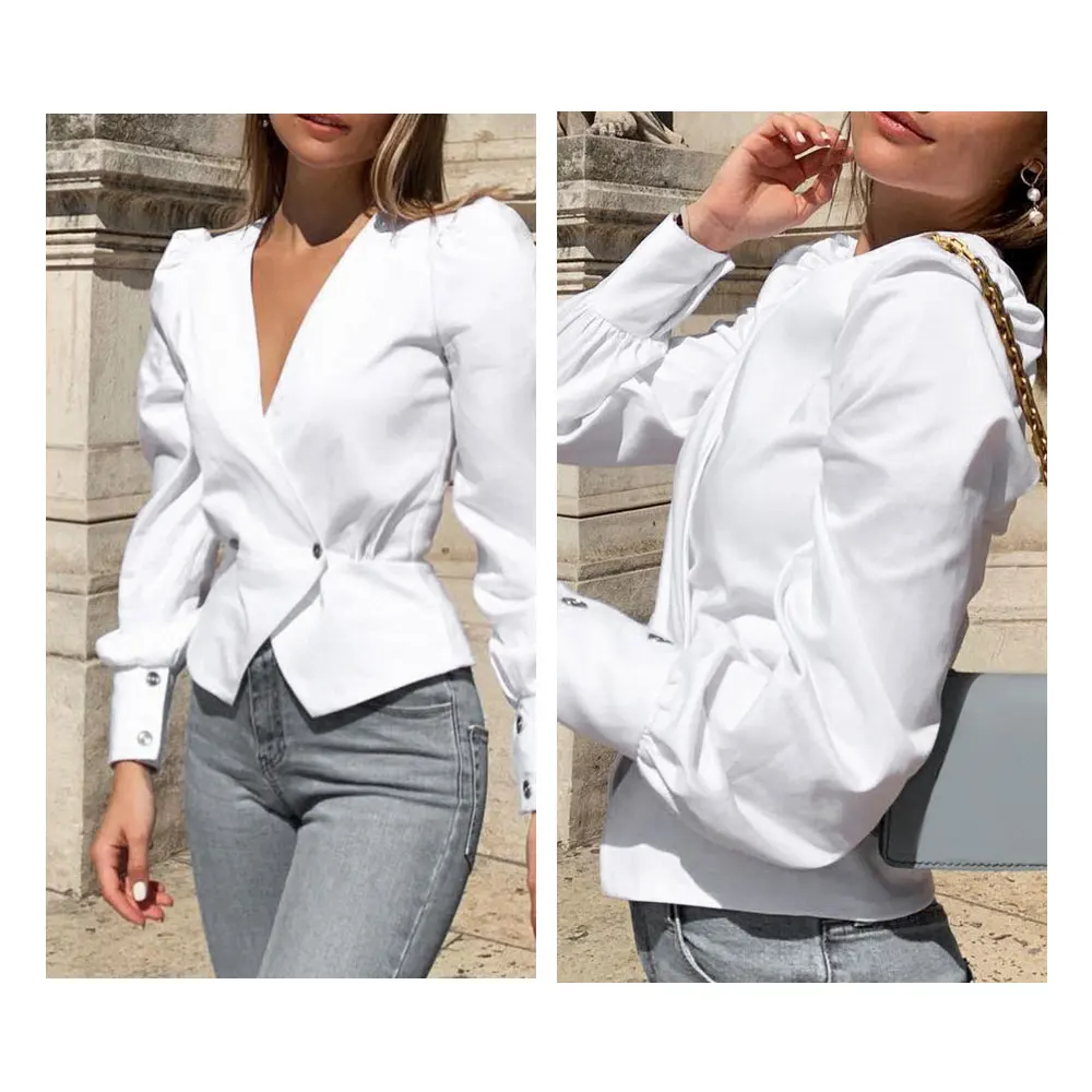Блузка женская однотонная с V-образным вырезом и длинным рукавом | Женская одежда
