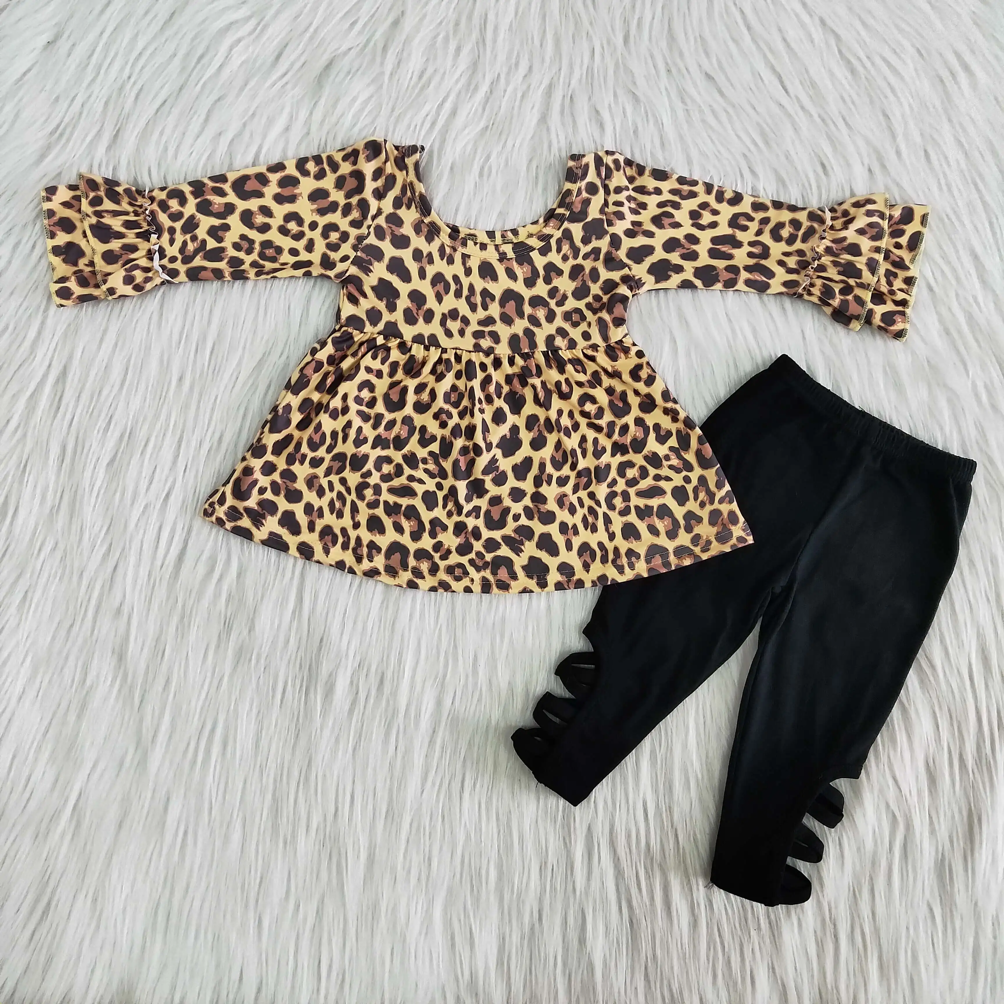 

Fashion 2Pcs Baby Girl Fall And Winter Clothes Long Flare Sleeve leopard Print Clothes +Black Pants For Girl Suit Children