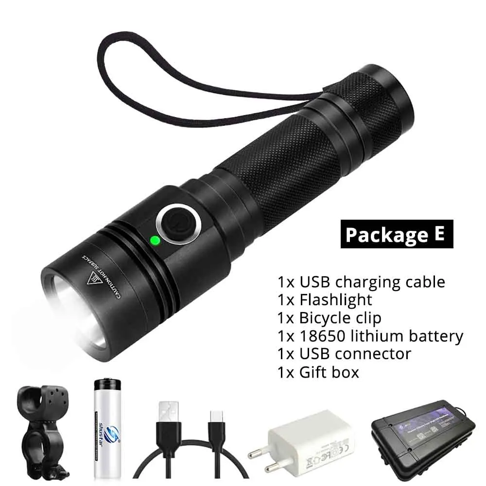 USB rechargeable LED Bicycle light 4 lighting mode super bright flashlight use 18650 battery for night riding, camping, etc - Цвет: Package E