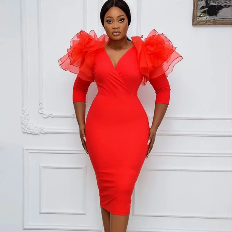 

Women Formal Dresses Bodycon Plus Size V-neck Stitching Mesh Ruffles Long Sleeve Slim Fit Office Lady Party Birthday Dress Black