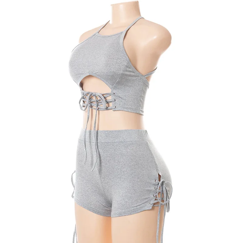 

CIGGANTFUL Women's Summer Fashion New Halter Vest Strap Slim Fit Shorts Suit Two Piece Set Gray Hollow Club Wear 2 Pcs Outfit