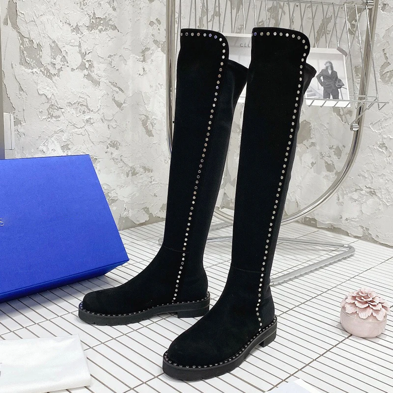 

New Fashion Knee High Boots Shoes Square Heels Shoes Ladies Boots Spring Leather Long Boots Female Shoes Plus Size 4