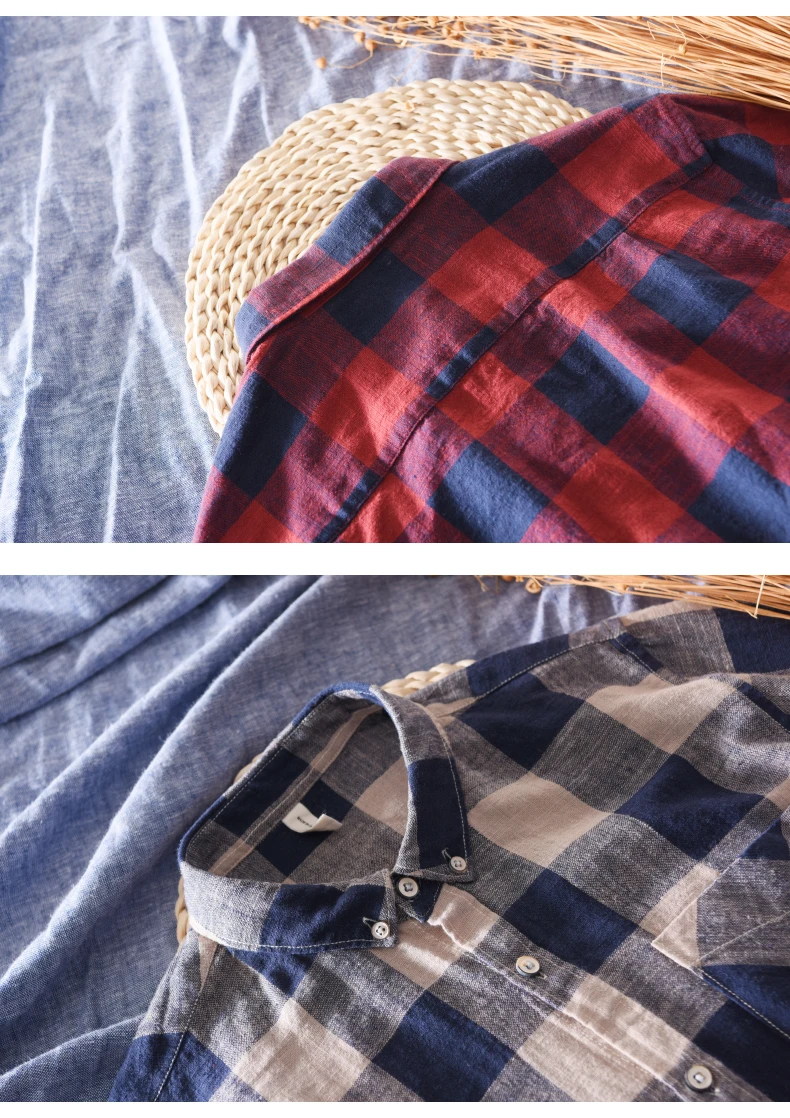 Рубашка мужская клетчатая с длинным рукавом хлопок и лен Повседневная модная