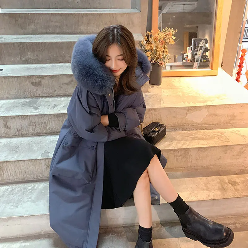 own jacket women's medium and long cotton jacket winter big wool collar hooded long knee thickened warm waist closing jacket
