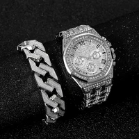 watch with bracelet for men cuban chain men bracelet iced out watch for men luxury hip hop gold watch men set religio masculino