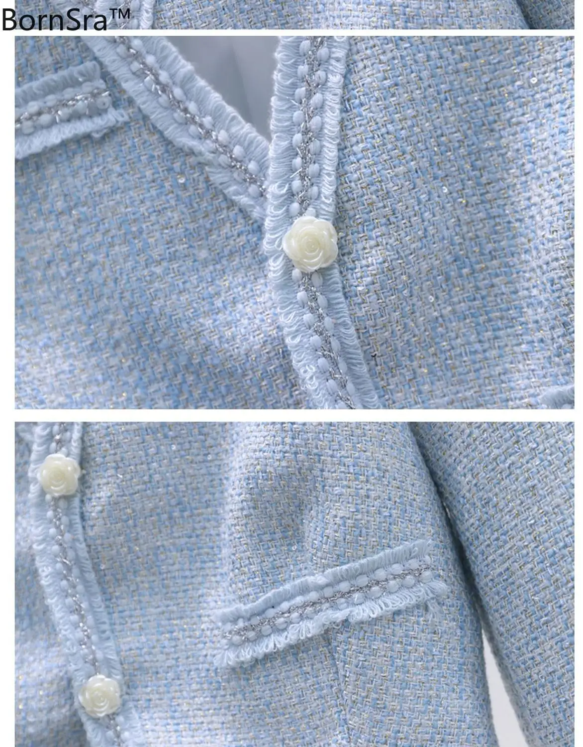 

Bornsra Quality BlueTweed 3 Piece Set Lady V-Neck Short Jacket Coat Beaded Ruffles Perspective Chiffon Shirts+Pleated Skirt Suit