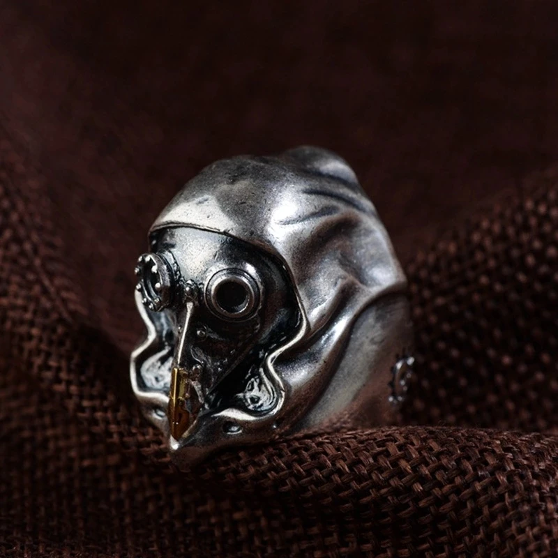 

S925 Sterling Silver color Skull Ring Vintage Punk Thai Silver color Skeleton Adjustable Steam Crow Open Ring for Men Jewelry