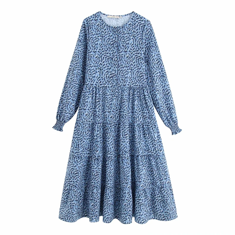 Винтажное богемное Голубое Платье макси с цветочным принтом женское осеннее