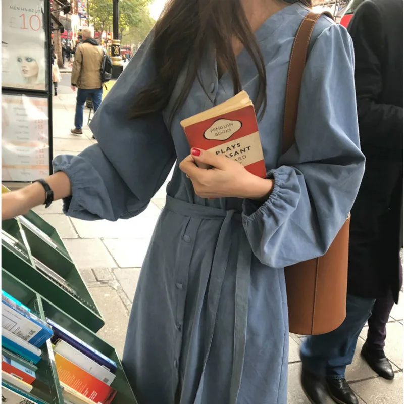 Women Spring Autumn Long Sleeve Cordoroy Shirt Dress V Neck Loose Plus Size Single Breasted Dresses with Waistbelt | Женская одежда