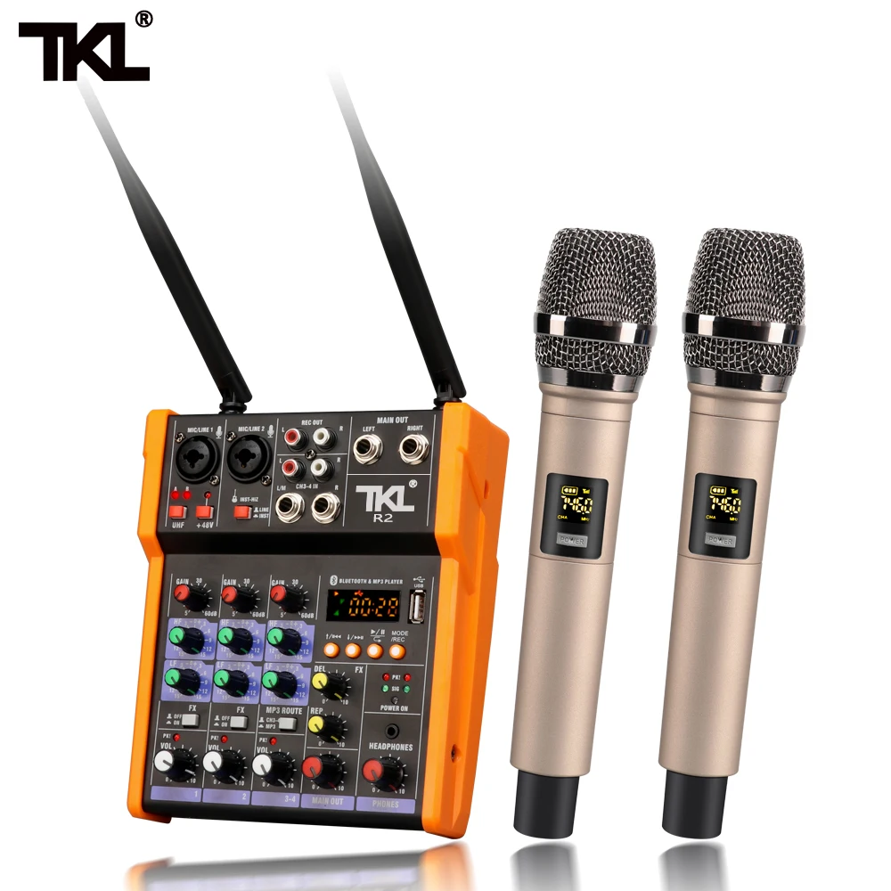 TKL Sound Mixing with UHF microphone Record 48V Phantom Power DJ mixer Monitor AUX Effects 4 Channels Audio Mixer USB BT