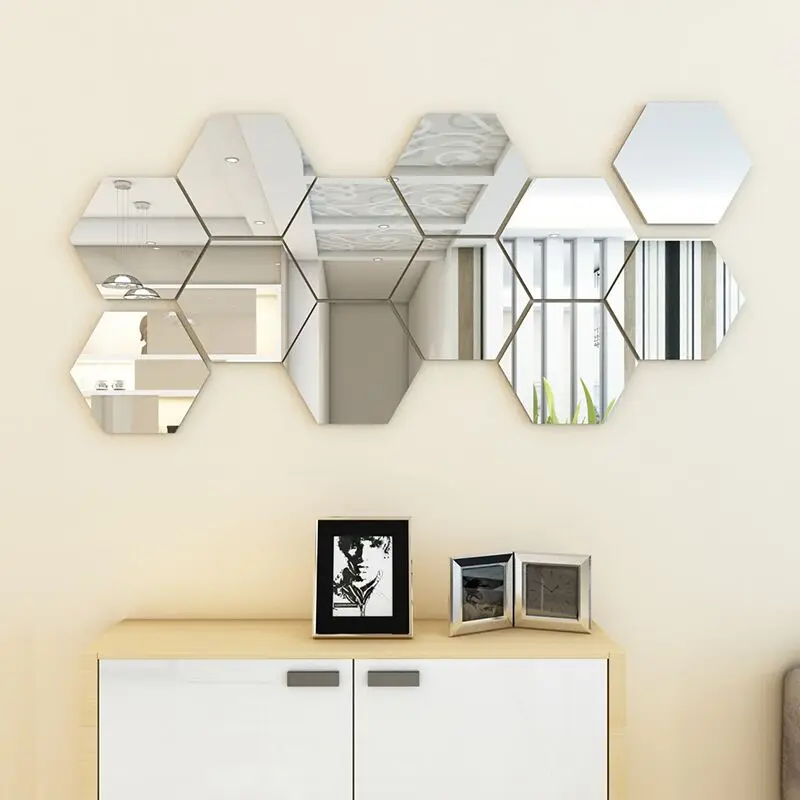 Espejo de acrílico hexagonal Regular para decoración del hogar, pegatinas de pared DIY para sala de estar, restaurante, 24 piezas