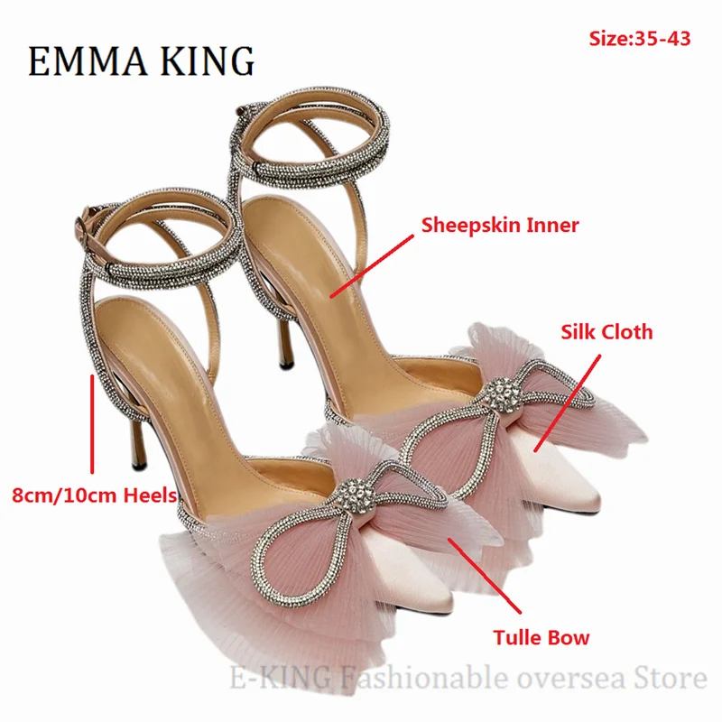 

Spring Women Tulle Bow Satin High Heel Pumps Vintage Crystal Stiletto Heel Sandals Pupms Classic Pointed Toe Wedding Party Shoes
