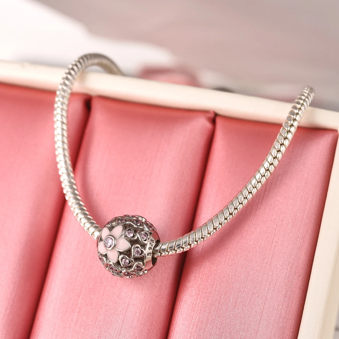 Женский браслет из серебра 925 пробы с розовым фианитом|Бусины| |