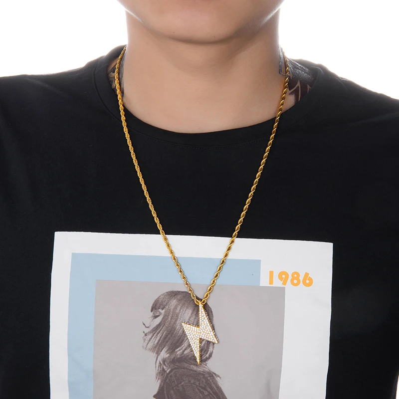 

HIP Hop Gold Color Stainless Steel Bling Full Rhinestoned Iced Out Rope Chain Lightning Pendants & Necklaces for Men Jewelry