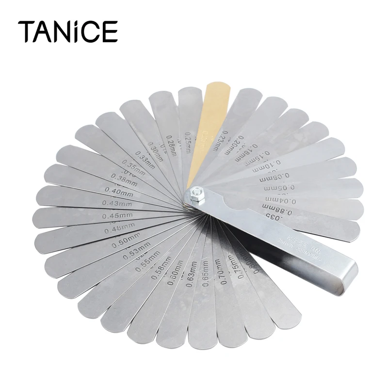

TANiCE 32 Blades Steel Feeler Gauge Dual Marked Metric And Imperial Gap Measuring Tool .04-0.88mm Thickness Gage For Designers