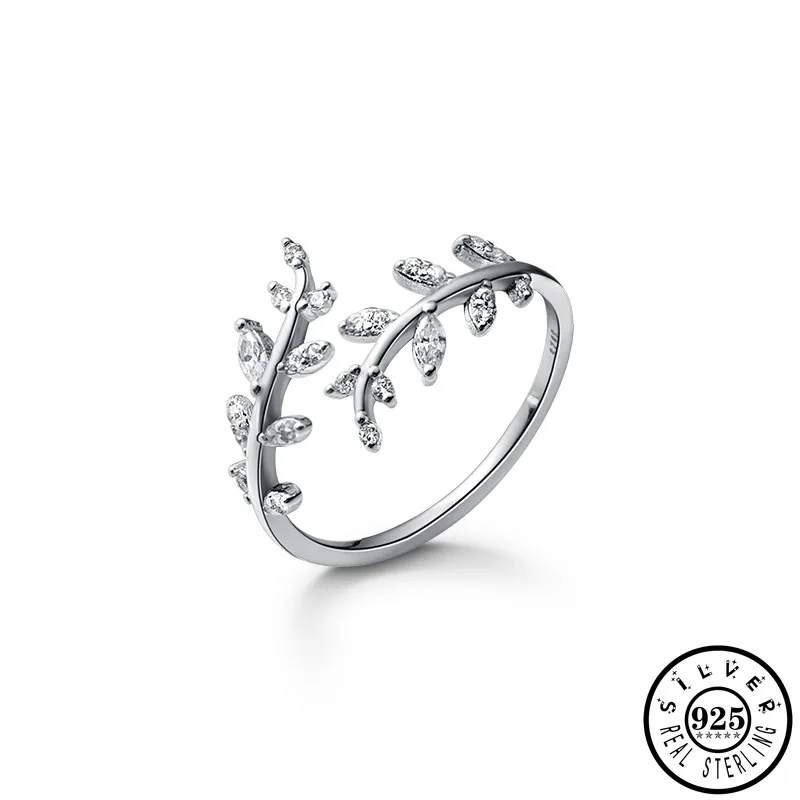 

925 Sterling Silver Luxury Cubic Zirconia Tree Branch Leaf Shape Adjustable Gold Color Plated Open Finger Rings for Women