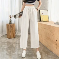 new korean spring summer cotton linen wide leg pant high waist drawstring elastic capris trousers women casual ankle length pant