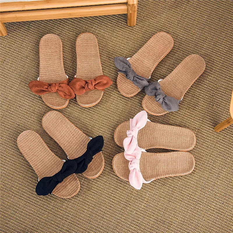 Летние льняные тапочки женская домашняя обувь с бантом и цветами Вьетнамки