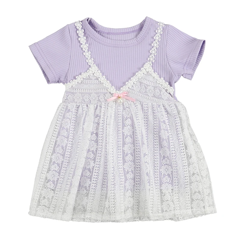 Летнее платье принцессы для маленьких девочек 2 предмета однотонное кружевное с