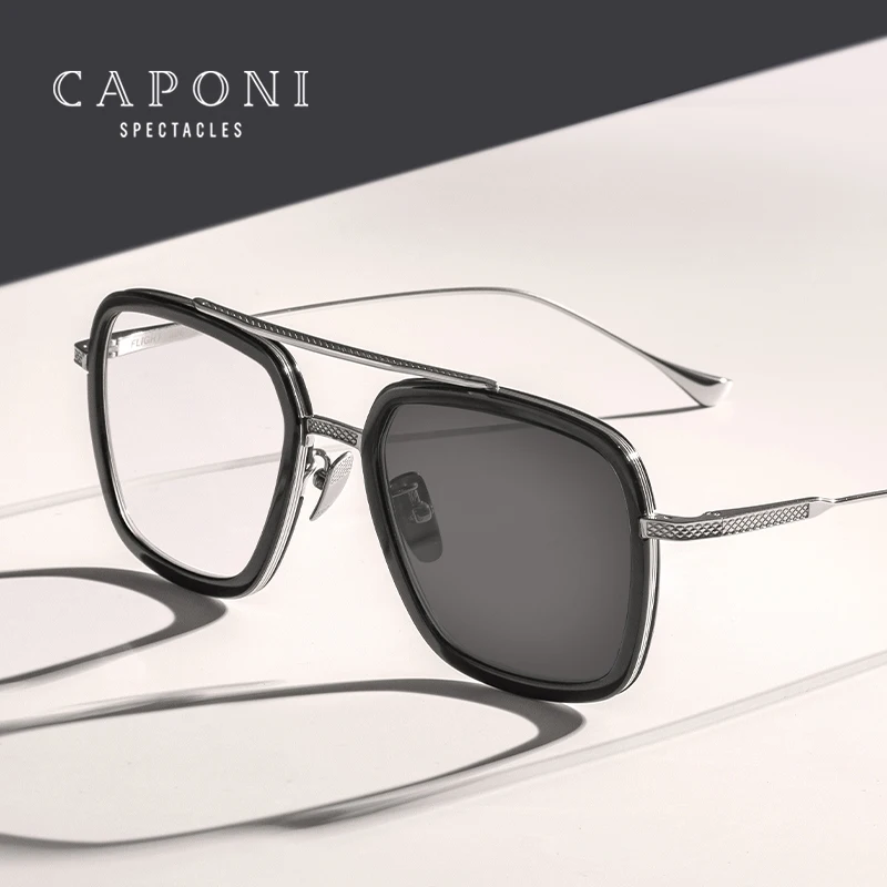 

CAPONI Men's Glasses Photochromic Gray Anti Blue Light Computer Glasses Support Prescription Clear Lens Eyeglasses BSF6618