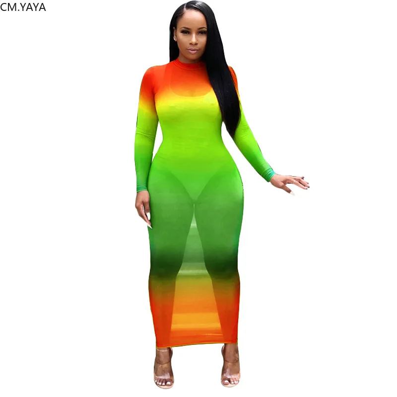 2019 women rainbow print o-neck full sleeve bodycon long maxi dress sexy gradient perspectivenight club party dresses GLK9506 | Женская