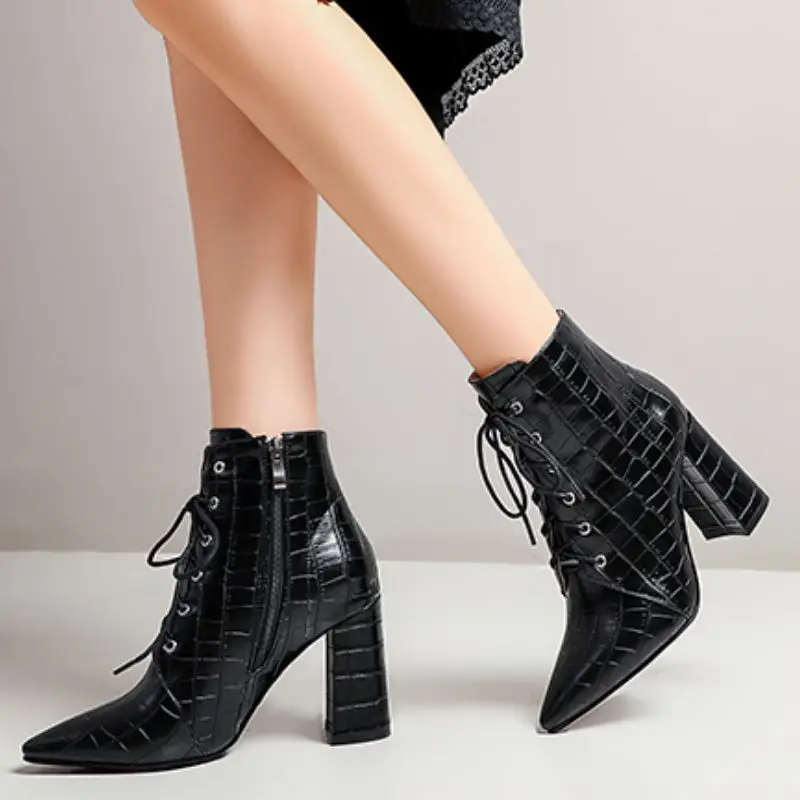 

KemeKiss Women Ankle Boots Cross Strap Sexy High Heel Winter Shoes Woman Warm Zipper Short Boot Office Lady Footwear Size 32-43