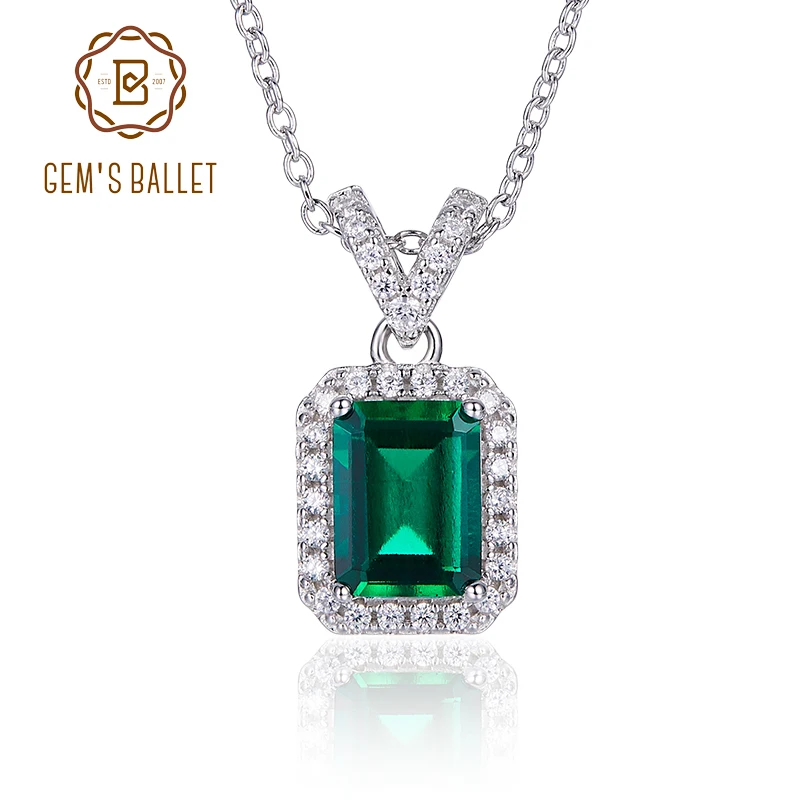 

Gem's Ballet 925 Sterling Silver Lab Grown Emerald Necklace Women Green Gemstone Solitaire Pendant Necklace with Chain Christmas