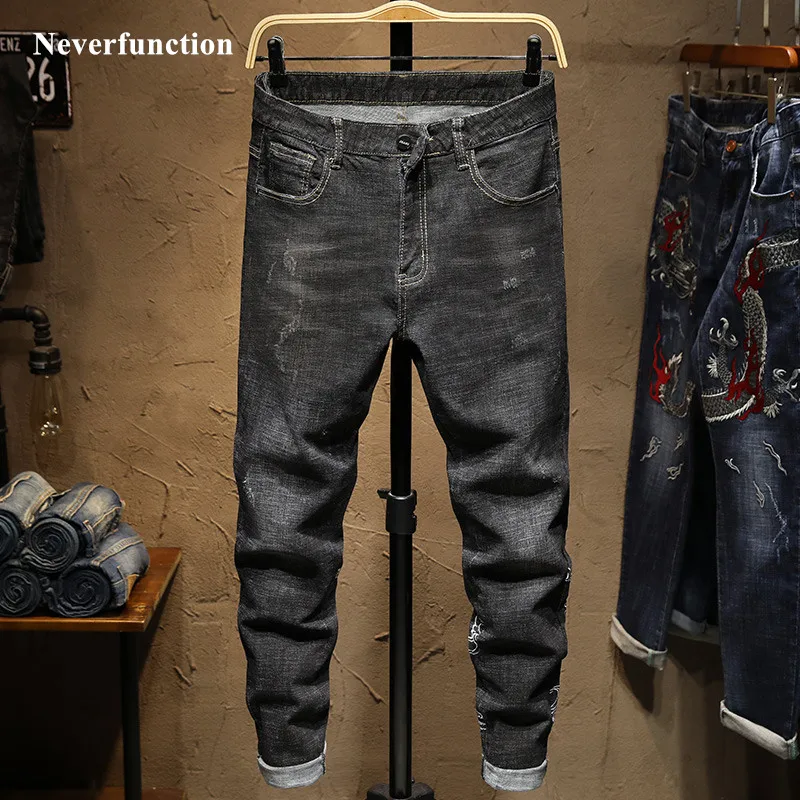 Джинсы мужские прямые с вышивкой Винтажные эластичные штаны Slim fit в стиле хип хоп