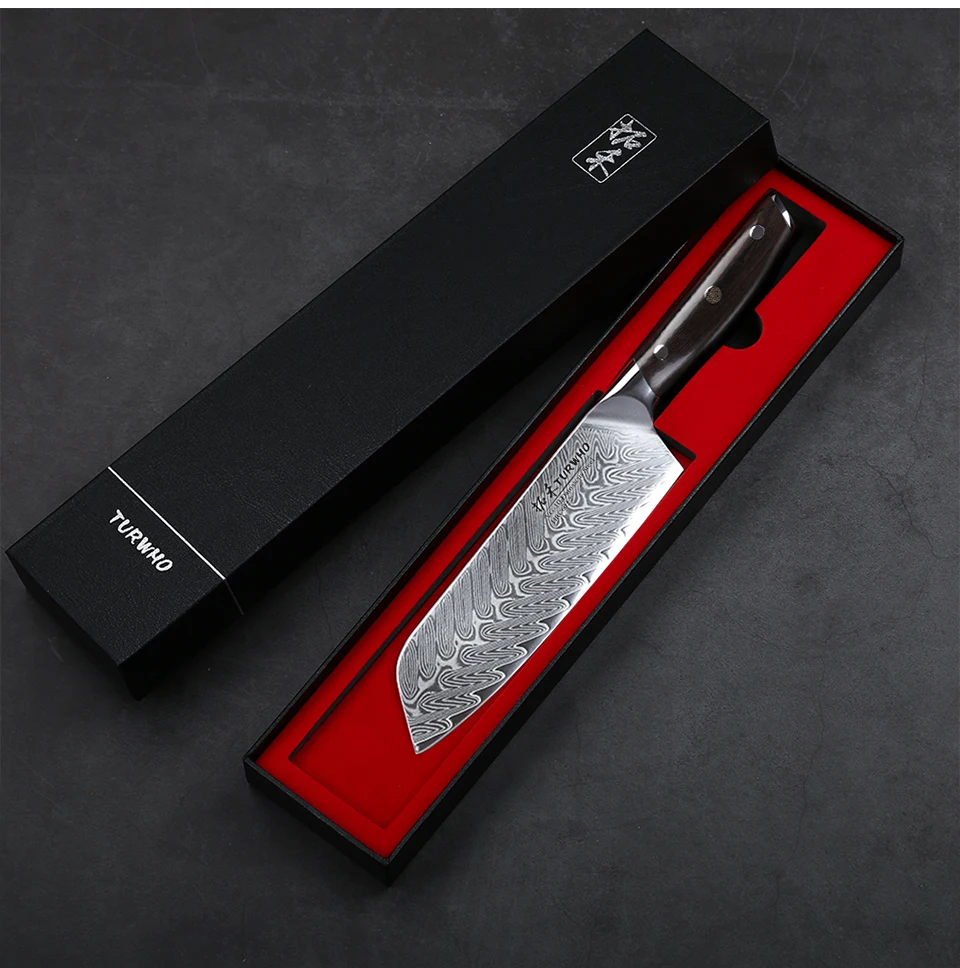 TURWHO 7 дюймов Santoku кухонные ножи 67 слоев дамасской стали шеф-повара нож дело с мясом овощи красный сандаловое дерево ручка