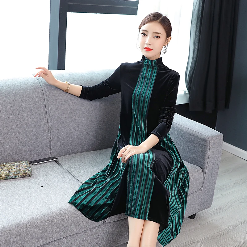 

Large size M-XXXL vrouwen jurk 2019 Autumn new fashion temperament long-sleeved high-necked vertical stripes in the long