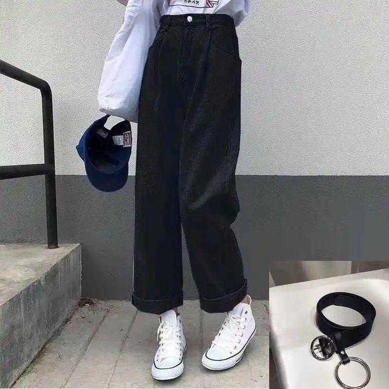 

Jeans Women Solid Vintage High Waist Wide Leg Denim Trousers Simple Students All-match Loose Fashion Harajuku Chic Casual