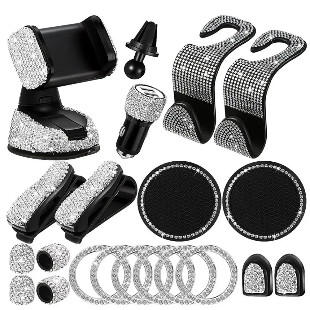 

20pcs Car Accessories Car Phone Holder/Dual Usb Car Charger/Tire Valve Stem Cover/Ignition Ring/Hooks/Sun Visor Spectacle Frame