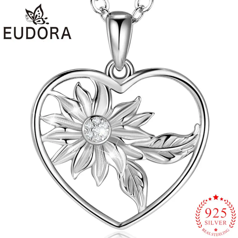 

angel caller Genuine 925 Sterling Silver Sun sunshine flower Pendant heart Necklace with chain for women Jewelry with boxD529
