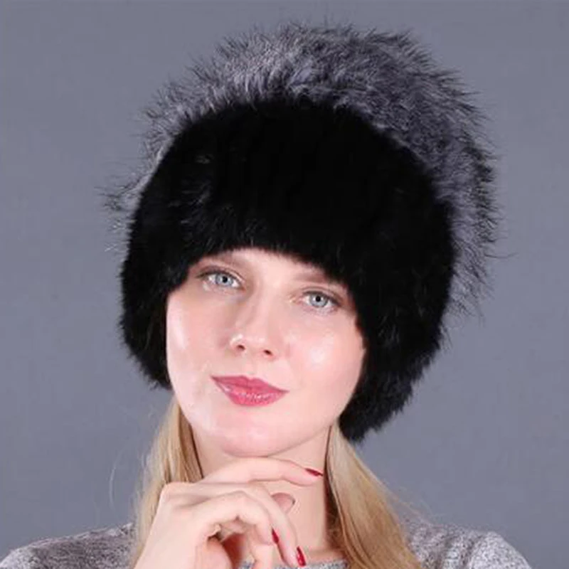 Лидер продаж модная шапка из норки и лисы зимние теплые женские вязаные шапки