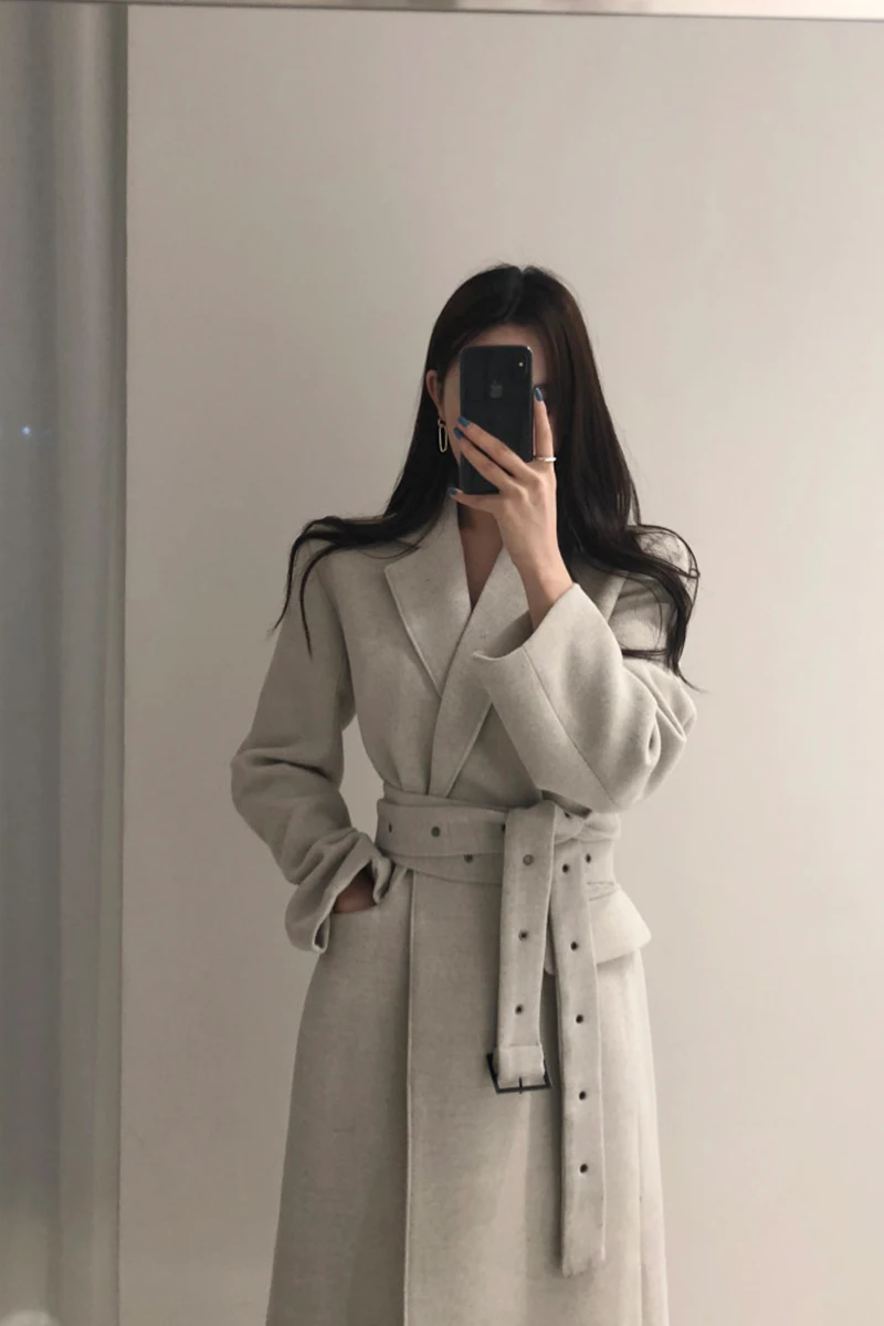 

High Qulity Woman Coats Winter Wool Long With Belt Office Lady Fashion Lace Up Outerwear