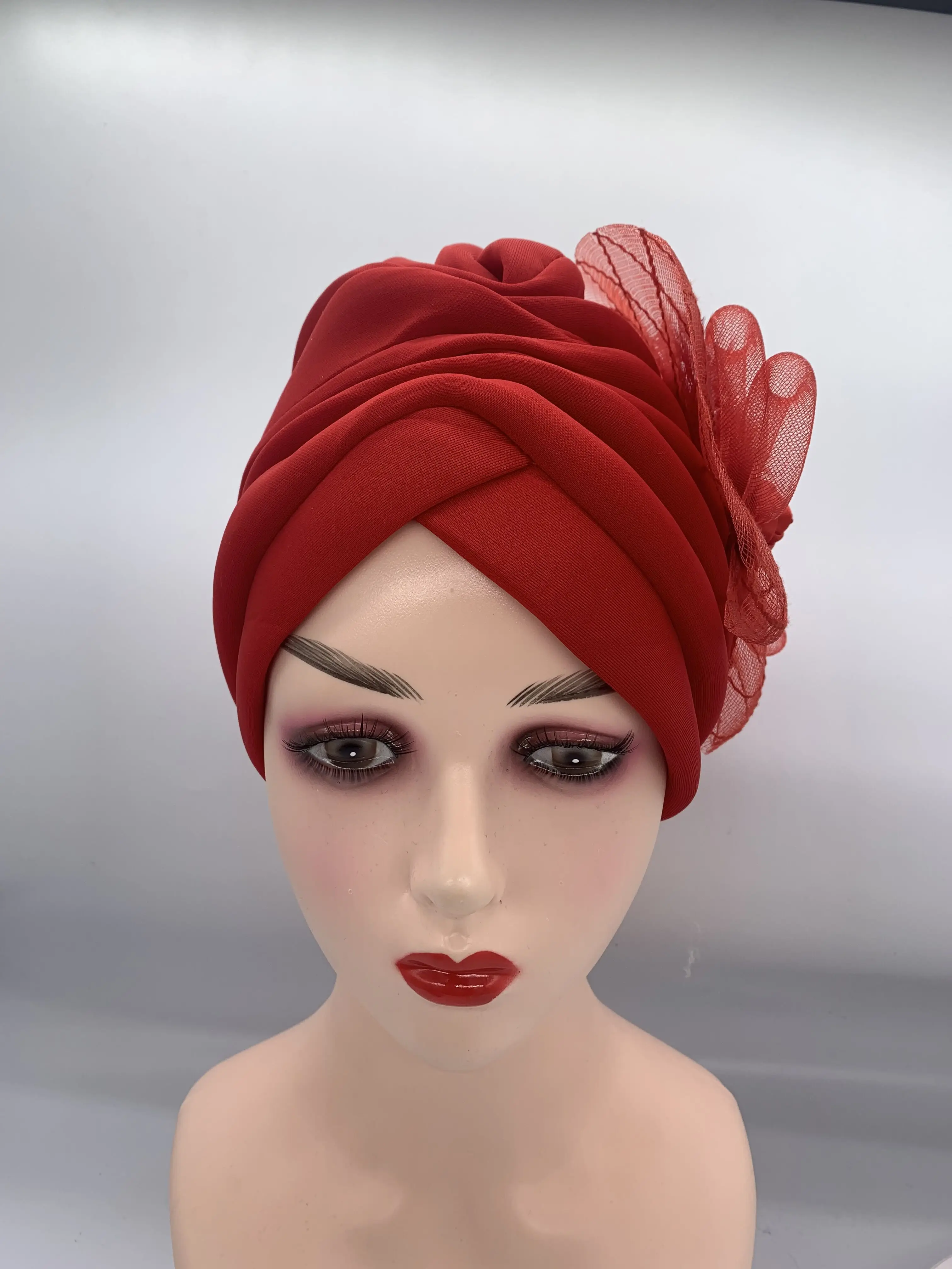 Lastest Feather Flower Turban Bonnet for Women Muslim Headscarf Caps Wedding Party Headwear Turbante Mujer African Headtie