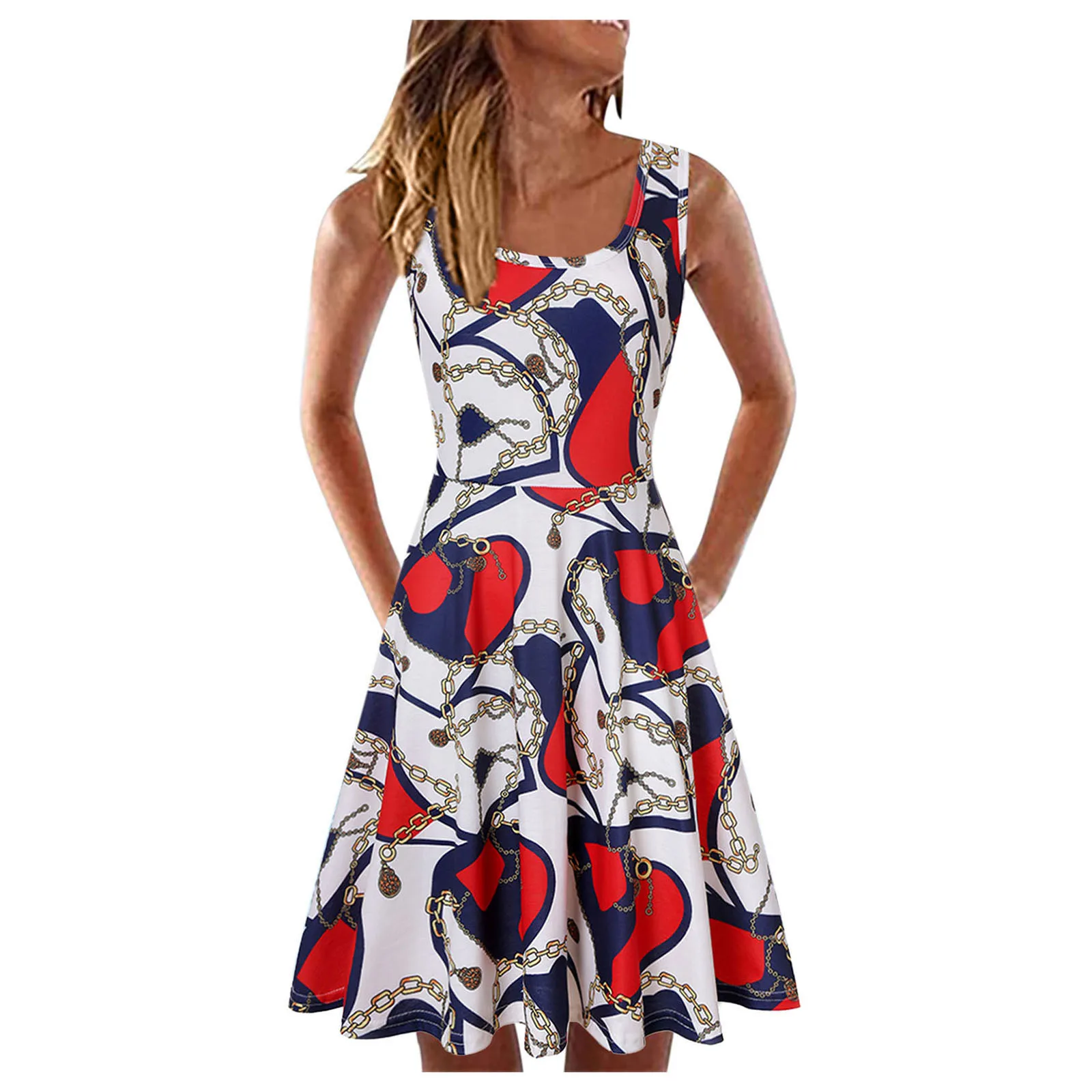 

66# Ladies Dresses Summer Fashion Sleeveless U-neck A-line Short Printed Loose Dress Summer Beach Bohemian Sundress Vestidos