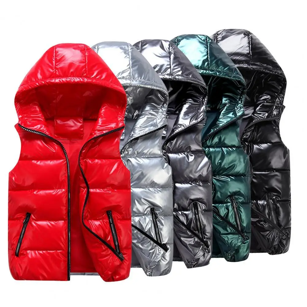 

Women Winter Vests Hooded Solid Color Warm Waistcoat Elastic Hem Pockets Bright Color Quilted Vest for Daily Wear