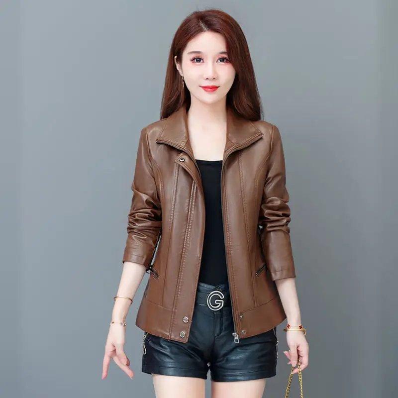 New Autumn Women Faux Leather Jacket Women Slim Biker Solid Coat Turn Down Collar PU Motorcycle Jackets Female Outerwear X605