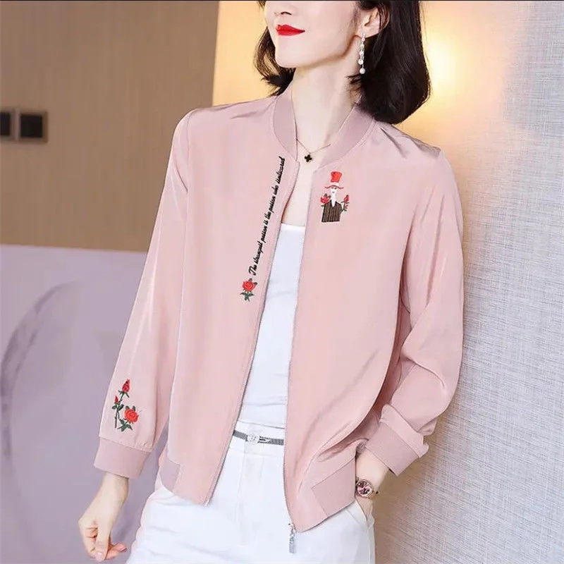 

Женская атласная Тяжелая шелковая куртка на раннюю весну 2021, Новая Элитная яркая бейсбольная куртка с длинным рукавом, кардиган, Топ