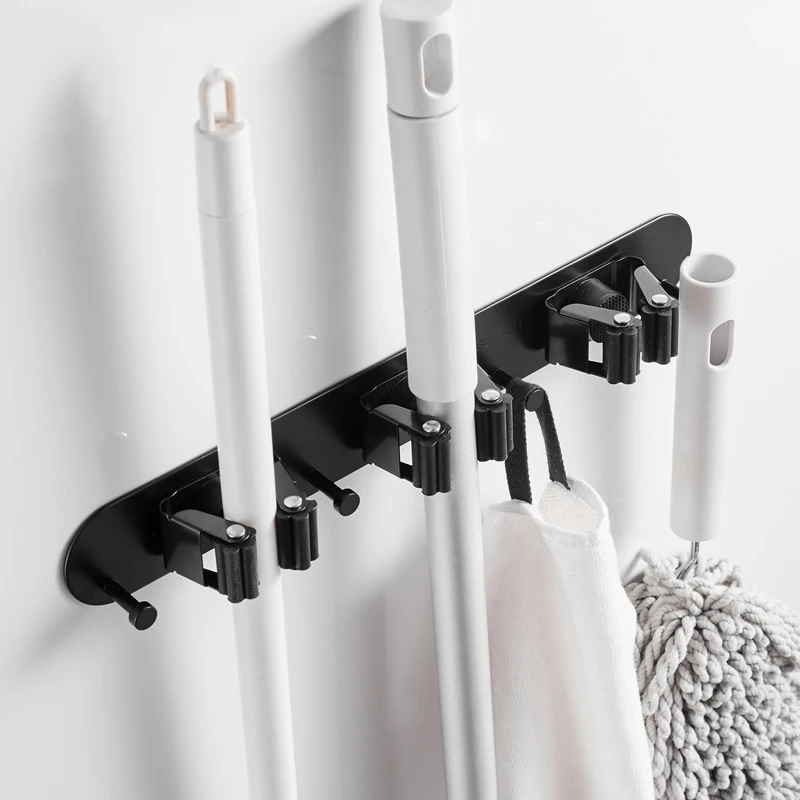 

Wall Mounted Broom Mop Holder 304 Stainless Steel Mop Rack Stickable Toilet Bathroom Hook Black Broom Rack Balcony Storage Rack