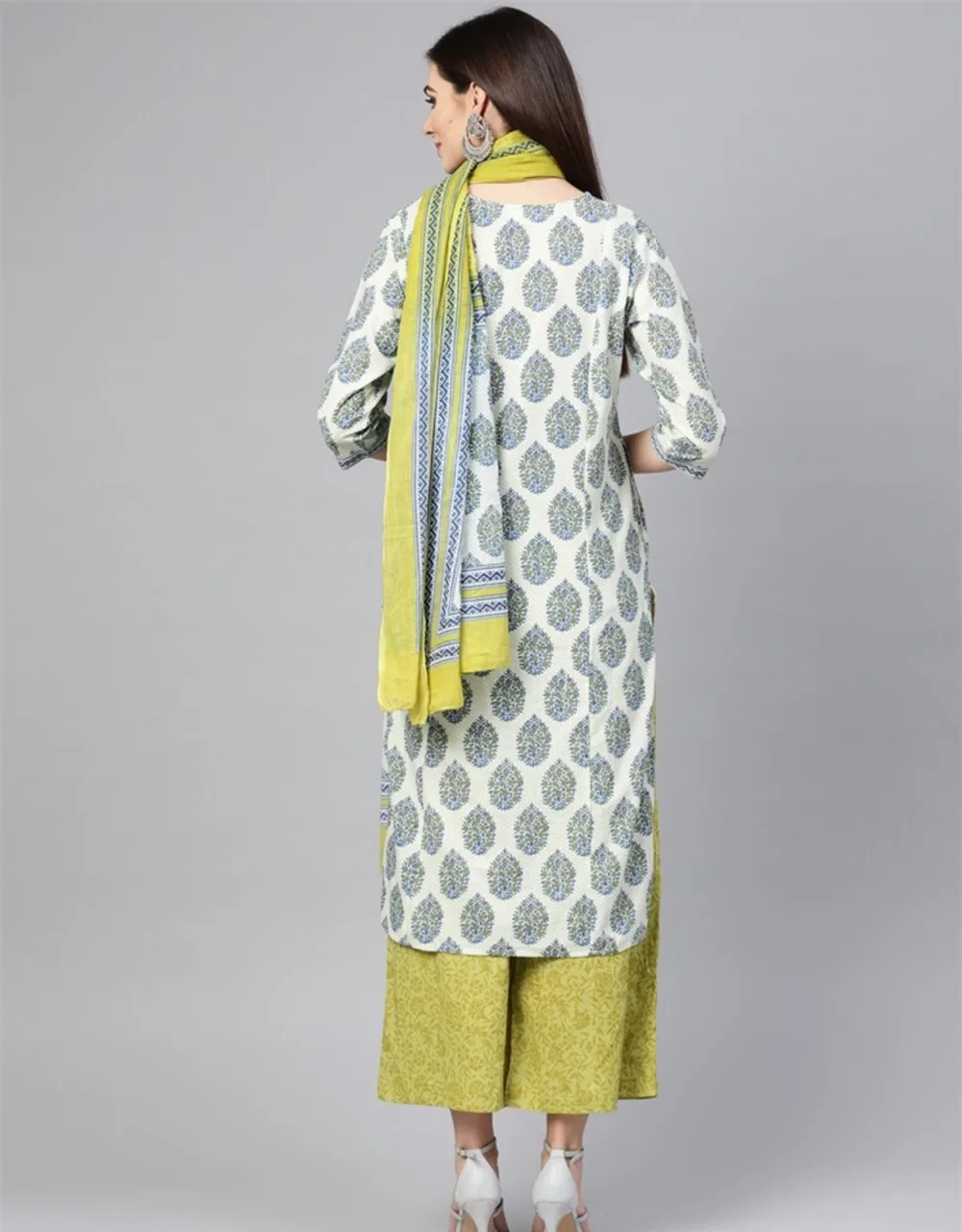 Женские Модные Этнические стили наборы печати хлопок Индия Kurtas платье леди три четверти рукав топ брюки шарф