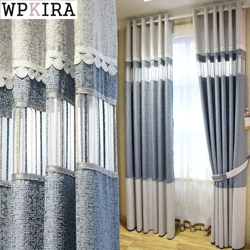 

Modern Stitching Hollow Curtain for Living Room Blue Linen Drape Blackout Bedroom Fashion French Window Shade S300#E