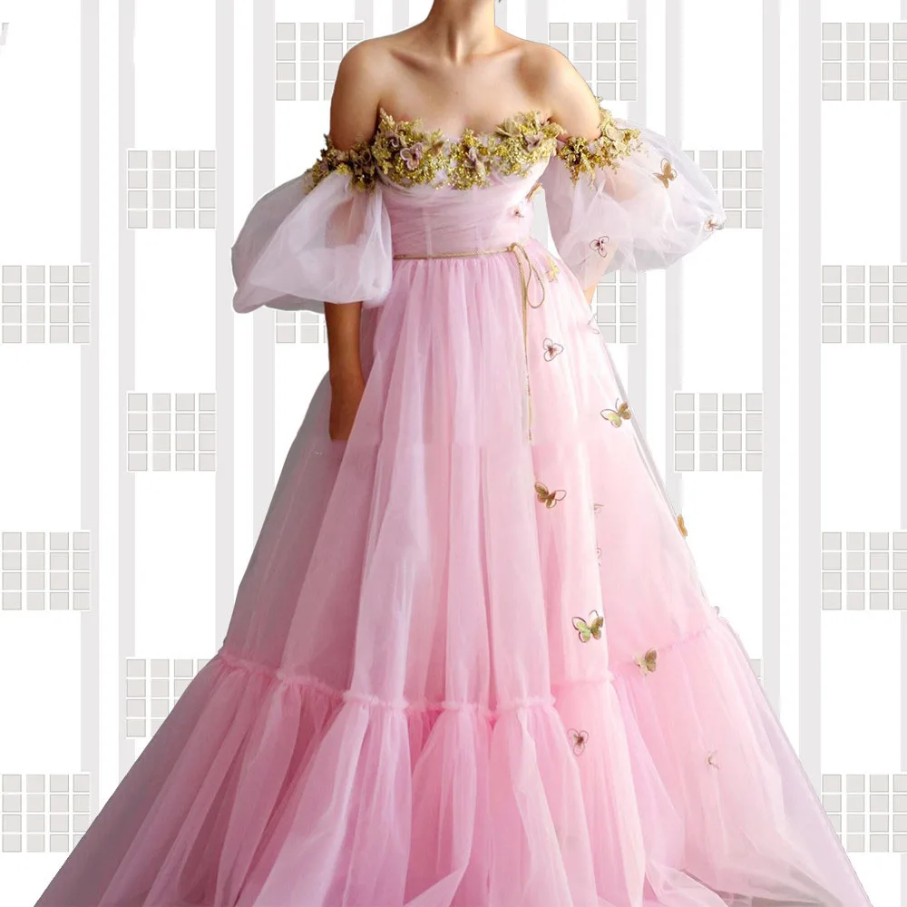 

Pink Evening Dress Sweetheart Appliques Flowers Puffy Sleeves A-Line Custom Made Dubai Prom Dress for Graduation Party