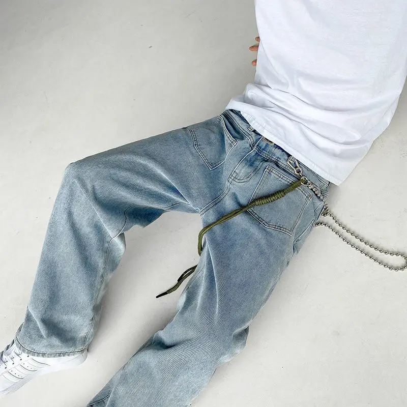2021 Men's Straight Washed Blue Color Jeans Loose Wide-leg Pants Fashion Casual Hiphop Streetwear Denim Trousers | Мужская одежда