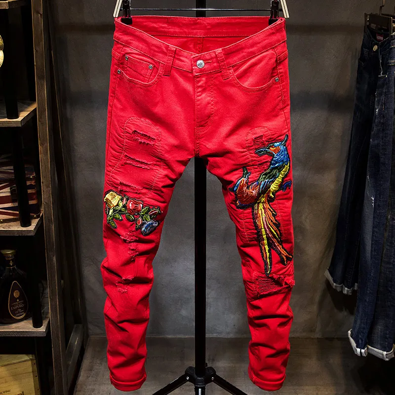 Erkek джинсы Pantolon Wind Phoenix с вышивкой мужские черные тонкие маленькие прямые