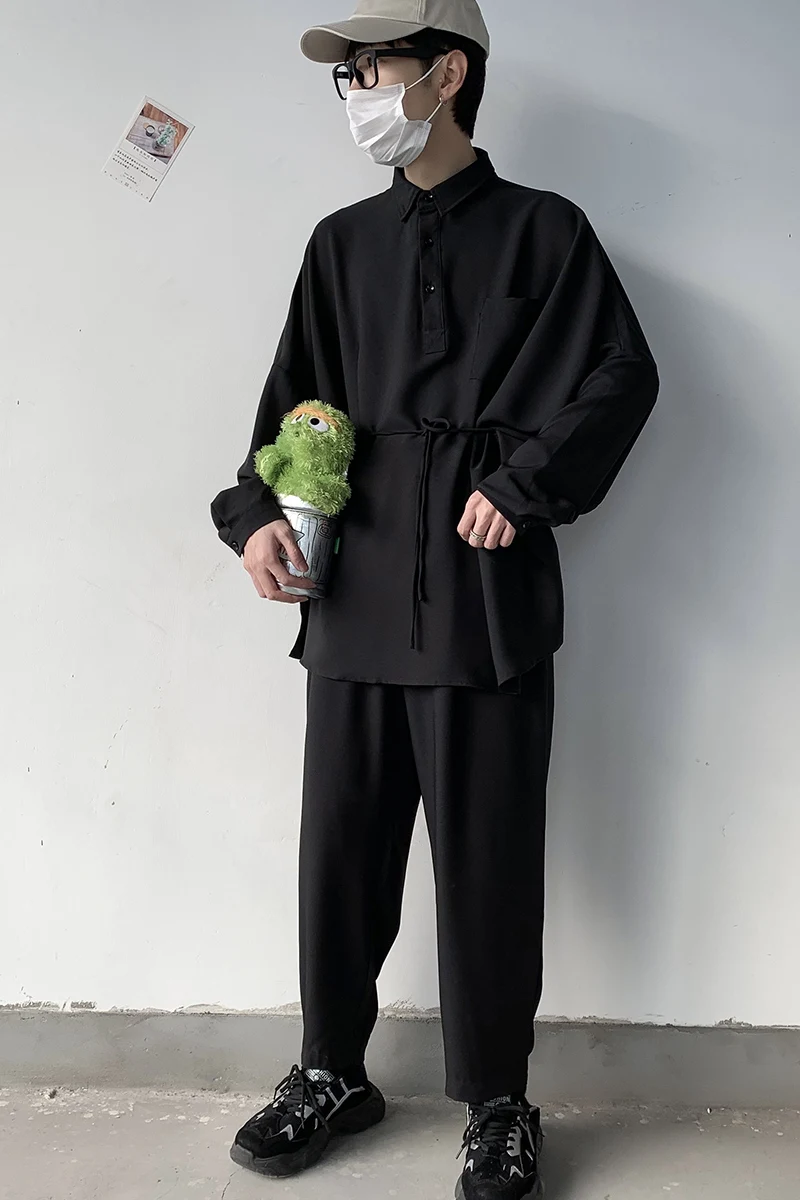 

2020 Spring And Autumn New Youth Popular Solid Color Loose Dark Black Shirt Suit Fashion Casual Long Sleeve Shirt Trousers S-2XL