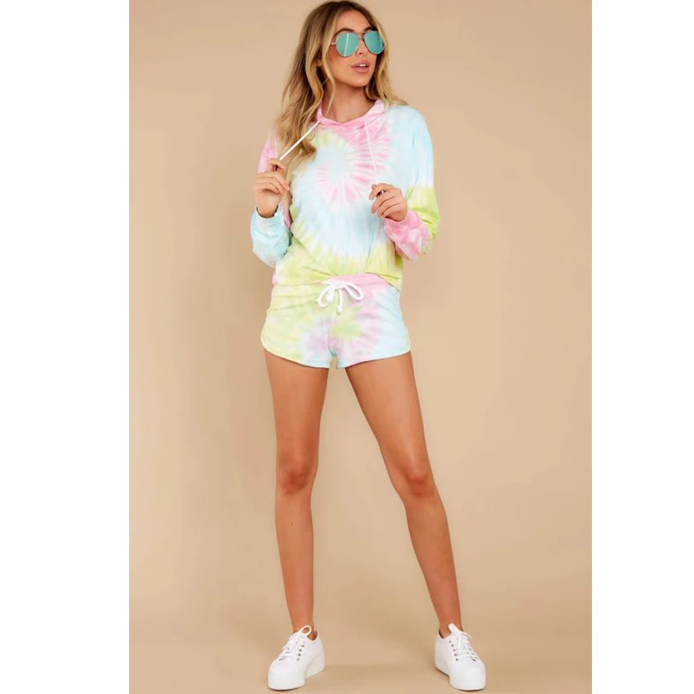 

Женский пижамный комплект с принтом, толстовка с длинным рукавом и шорты на шнуровке, домашняя одежда 2021