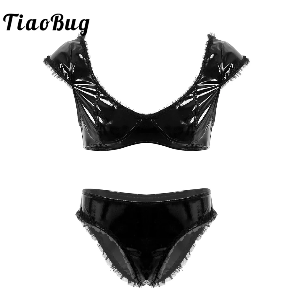 Комплект мужского нижнего белья TiaoBug из черной лакированной кожи с короткими